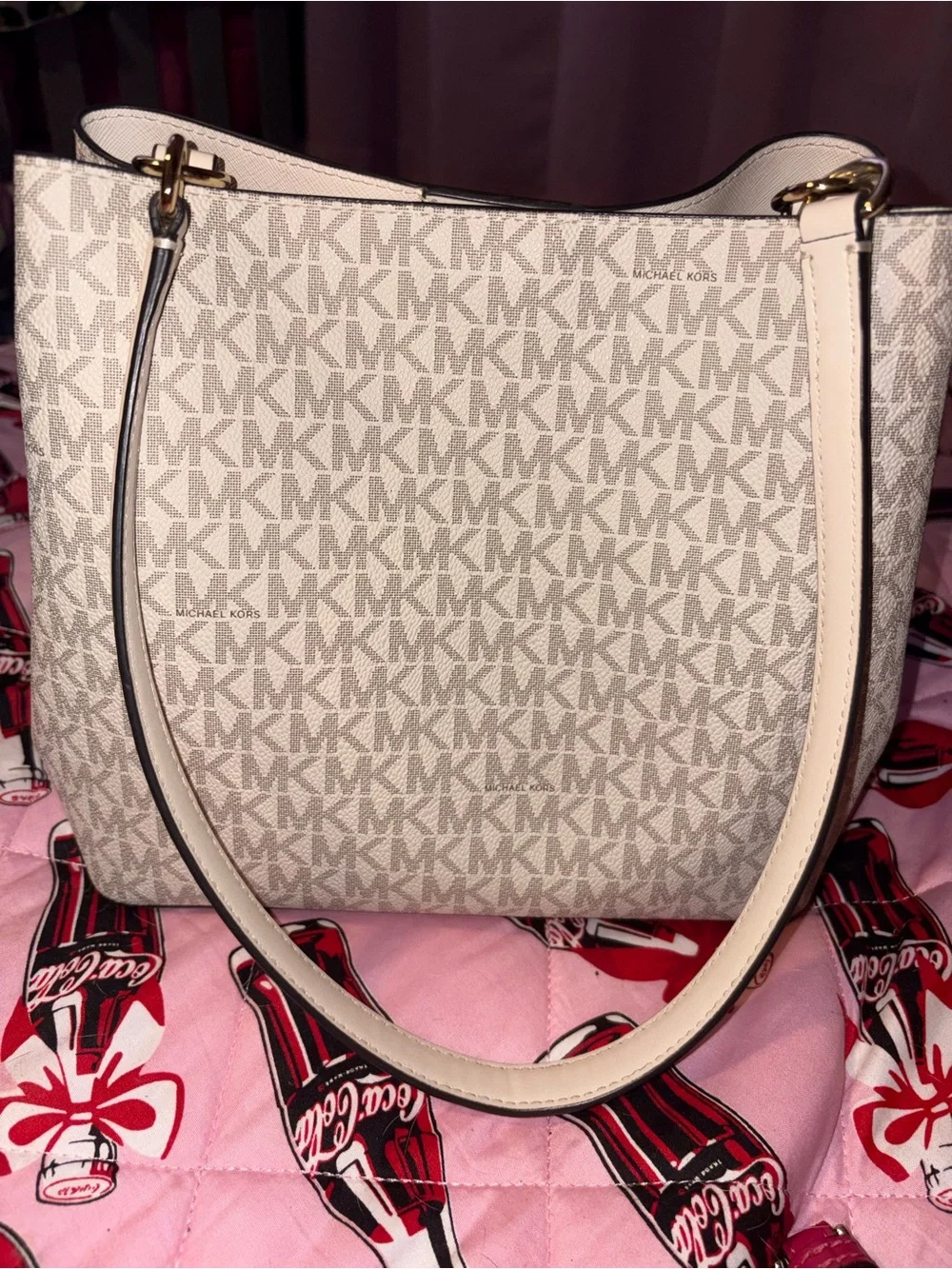 Michael Kors Signature Logo Tote in Beige and White with Gold Hardware